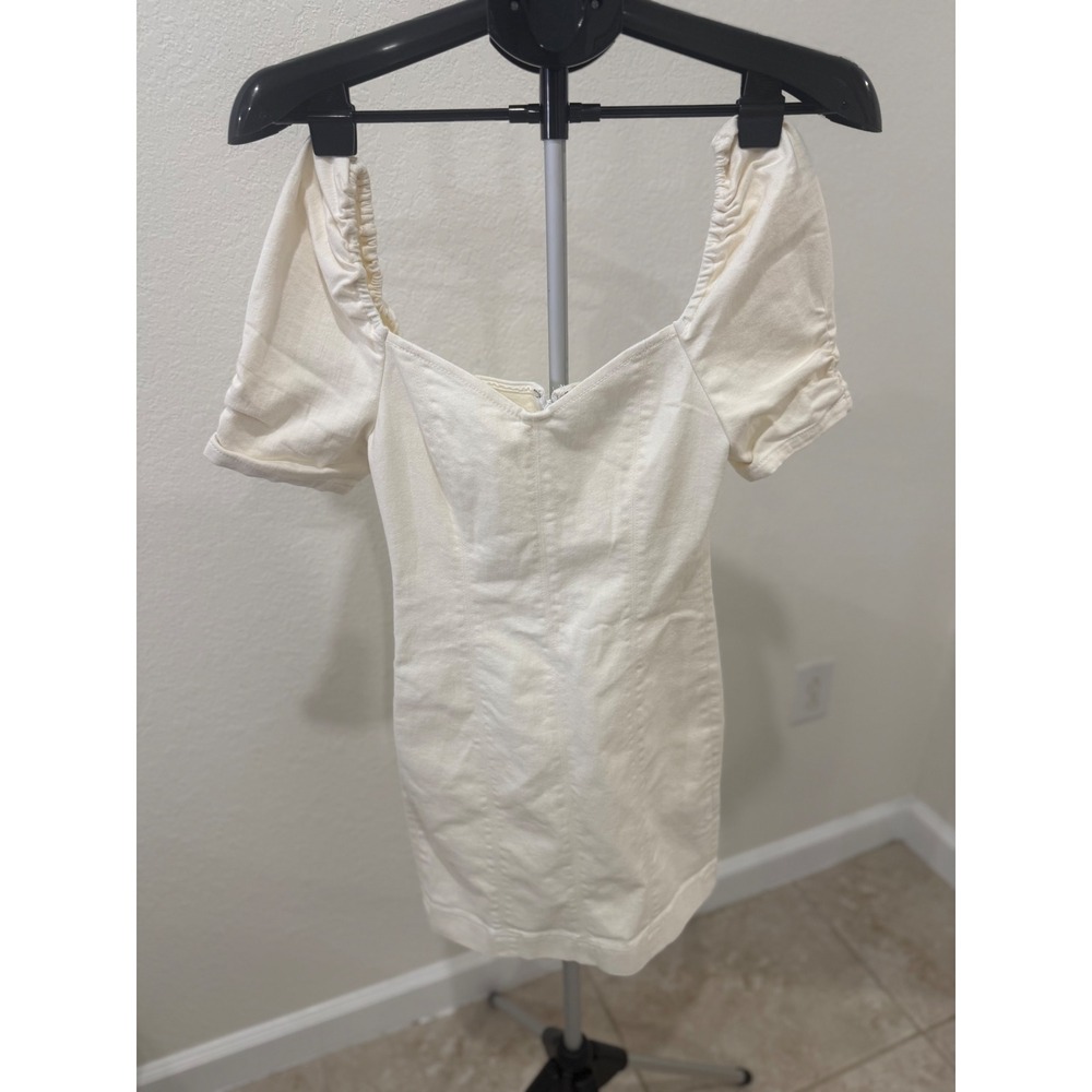 Alice + Olivia Jeans White Denim Puff Sleeve Mini Dress Sweetheart Neck Size 4